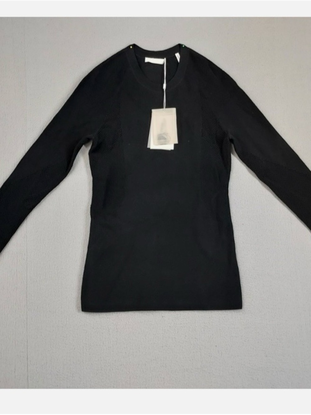 Helmut Lang Black Cropped Ribbed Crewneck, thumb-hole sleeves,
Sz XS